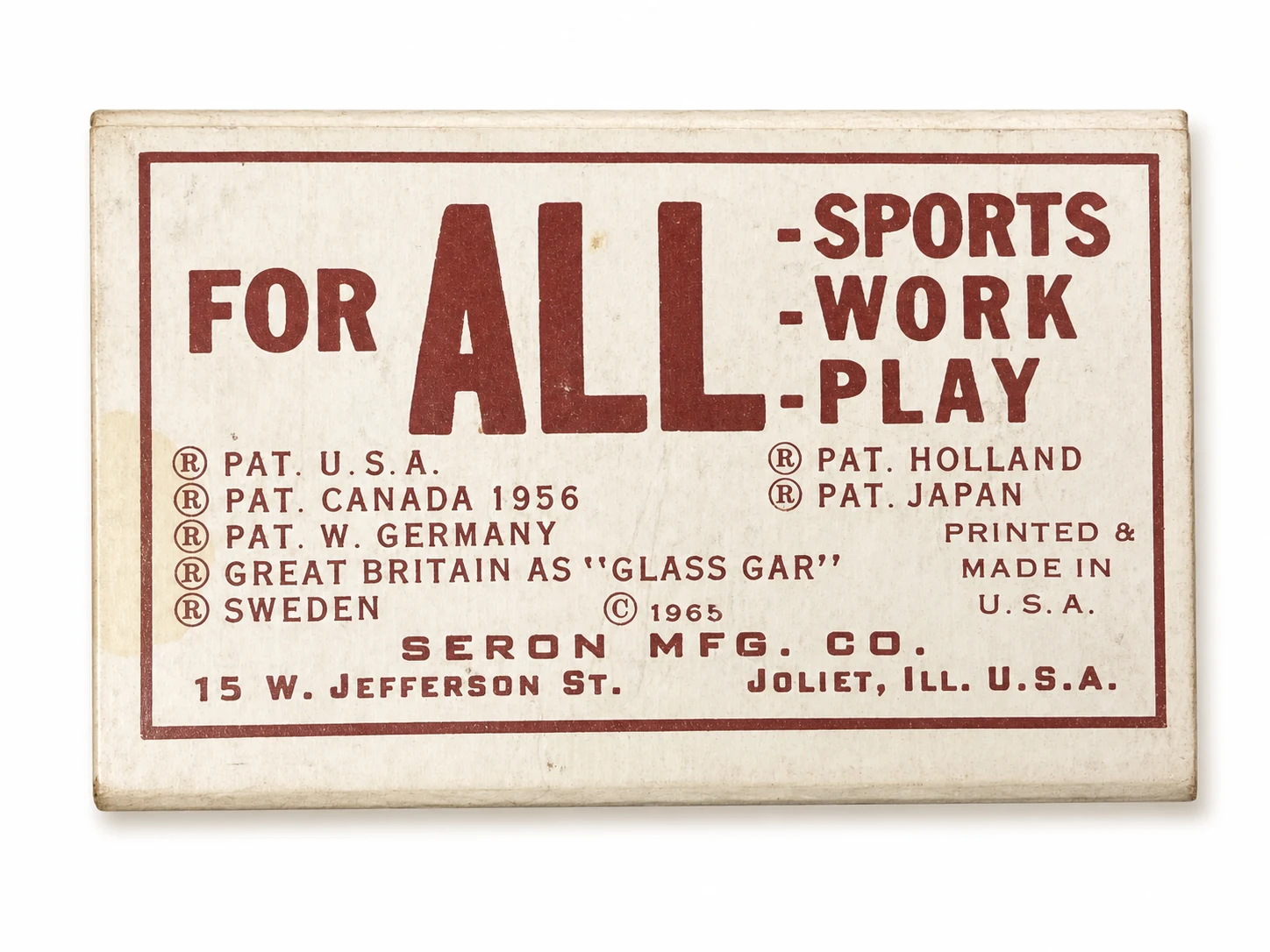Restored authentic 1965 Glass-Gard box panel listing international patent protection and American manufacture