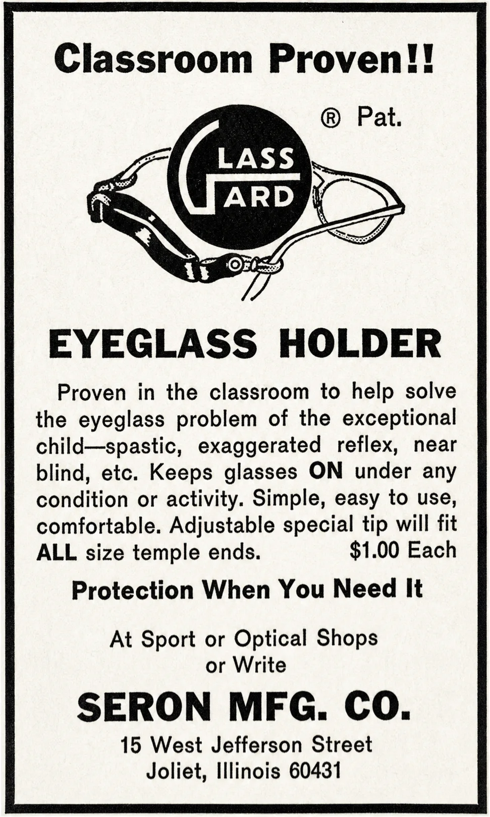 Restored black and white classroom advertisement for the Glass-Gard eyeglass holder