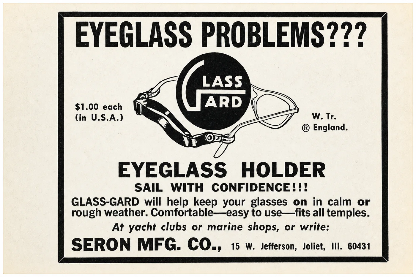 Restored vintage marine and yachting advertisement for the Glass-Gard eyeglass holder