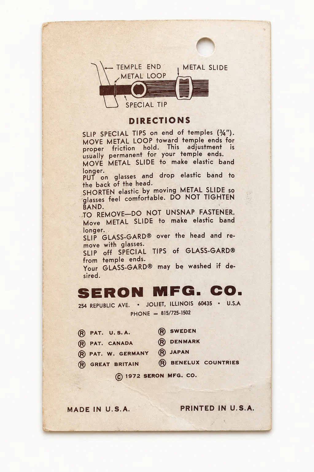 Restored archival photograph of the back of a 1972 Glass-Gard package with directions and Seron Mfg. Co. information