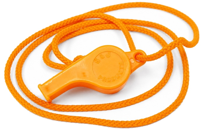 Custom branded P-38 whistle with cord
