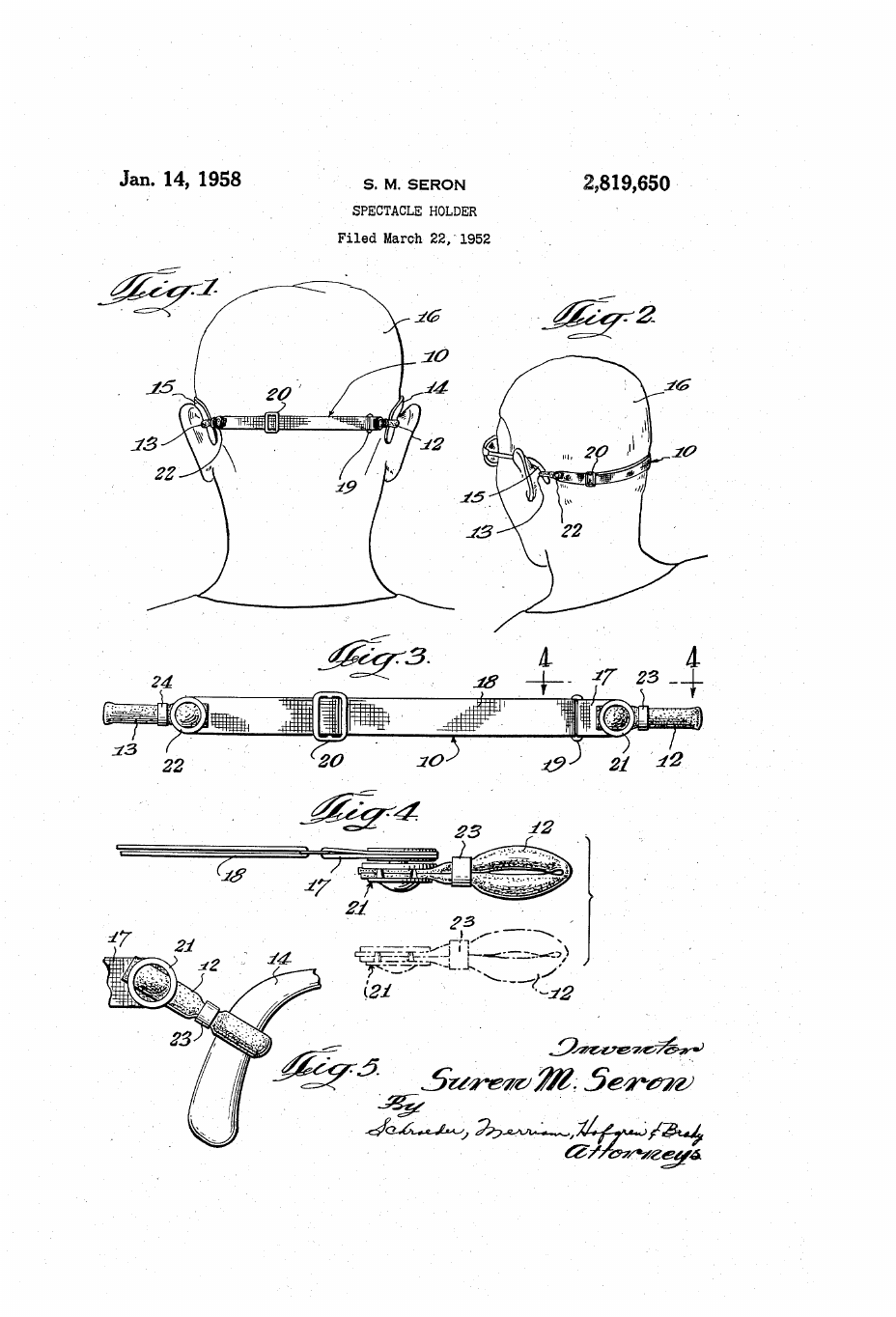 US-2819650-A Spectacle holder patent drawing
