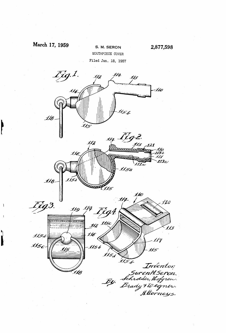 US-2877598-A Mouthpiece cover patent drawing