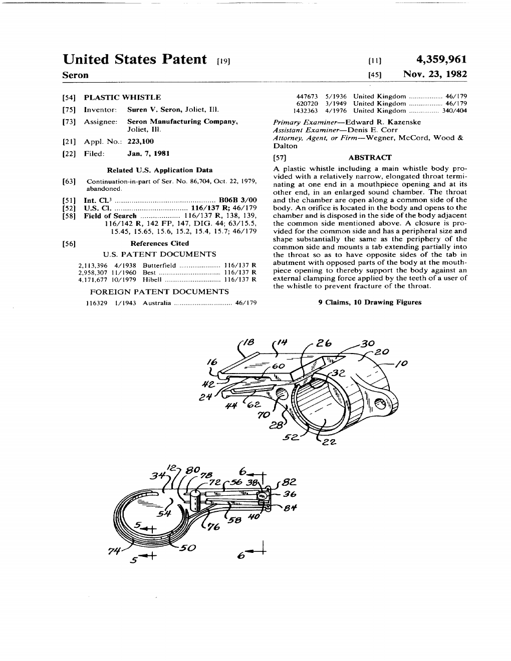 US-4359961-A Plastic whistle patent drawing